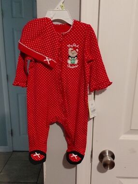 Little Me Red Polka Dot Baby Footed One-Piece with Bear Accent